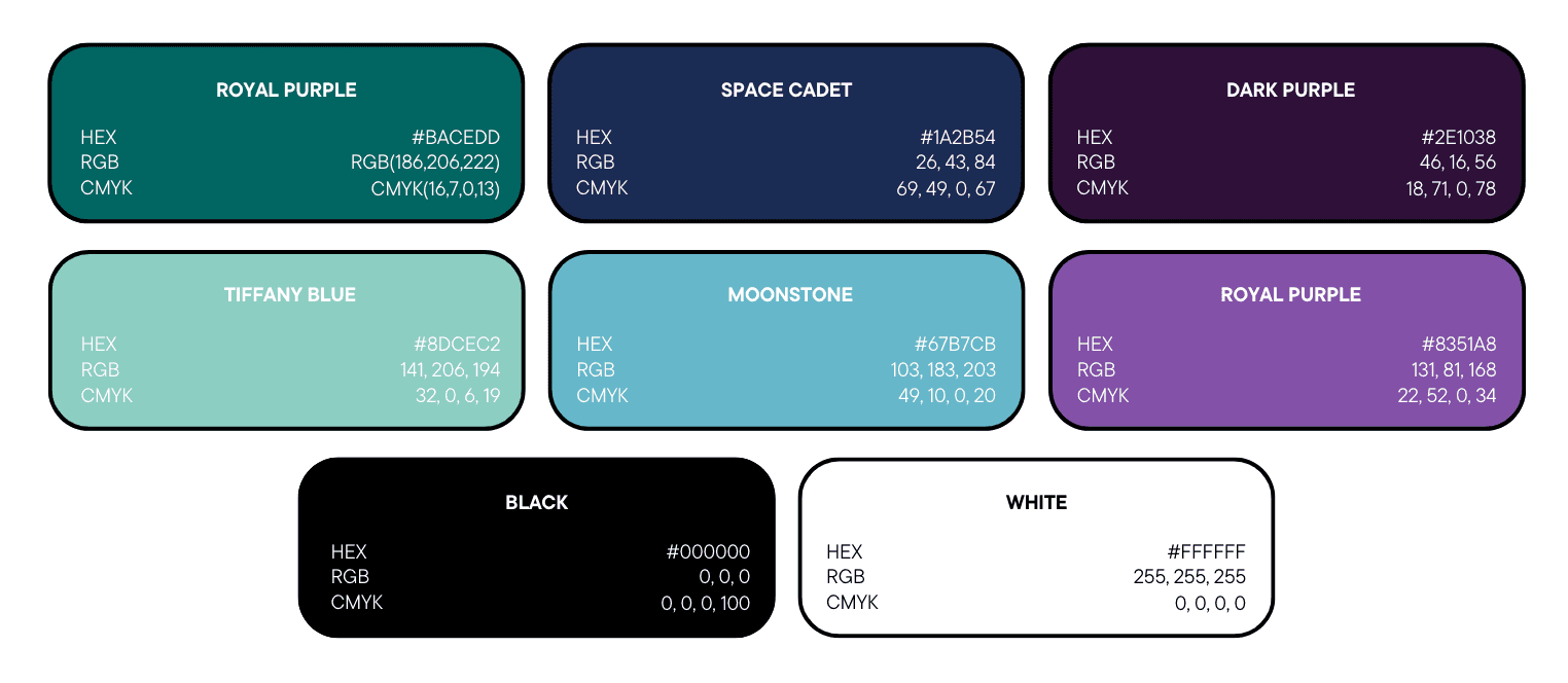 Color palette image for a one-sheet brand guide, featuring eight hues: Royal Purple, Space Cadet, Dark Purple, Tiffany Blue, Moonstone, and more. Each color box neatly presents its HEX, RGB, and CMYK codes. Perfect for concise brand consistency.